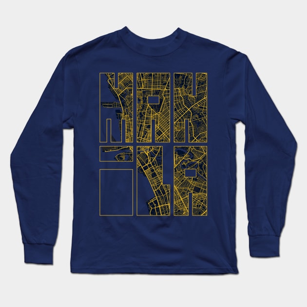 Manila, Philippines City Map Typography - Gold Art Deco Long Sleeve T-Shirt by deMAP Studio